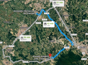 mapa de vista com rota do armazém logint para aeroporto de Campinas Viracopos